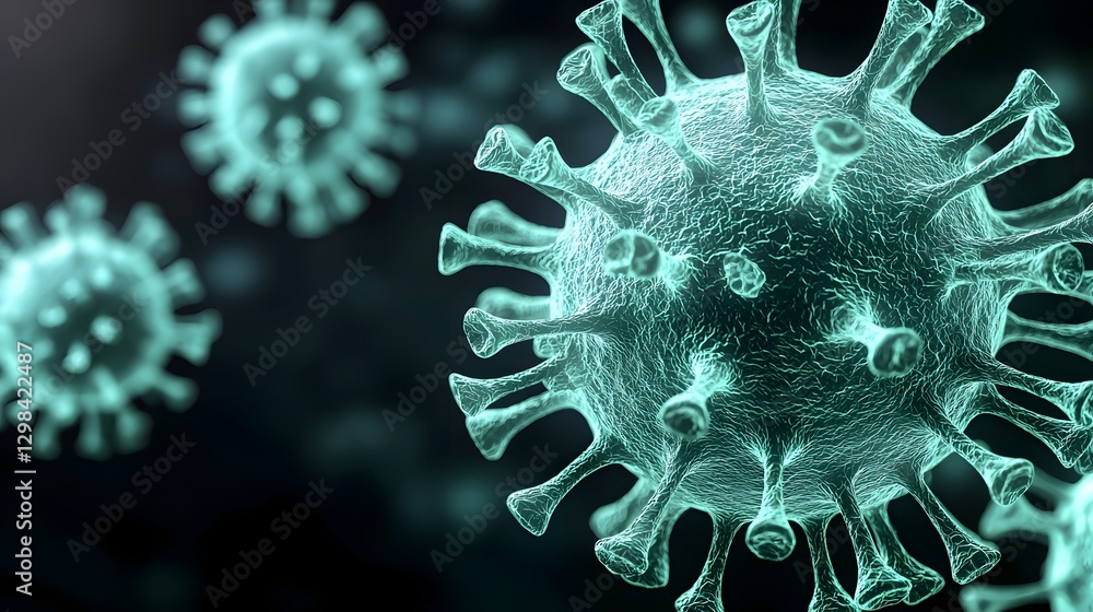 Poster detailed scientific visualization of green coronavirus virus particles with distinct surface spike p