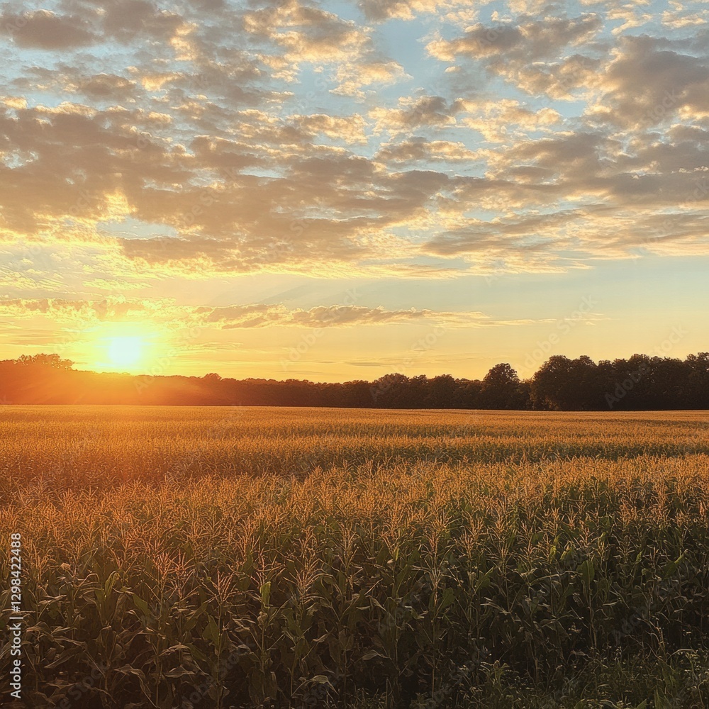 Poster Sunset over a cornfield with golden light illuminating the crops and sky filled with fluffy clouds. Generative AI