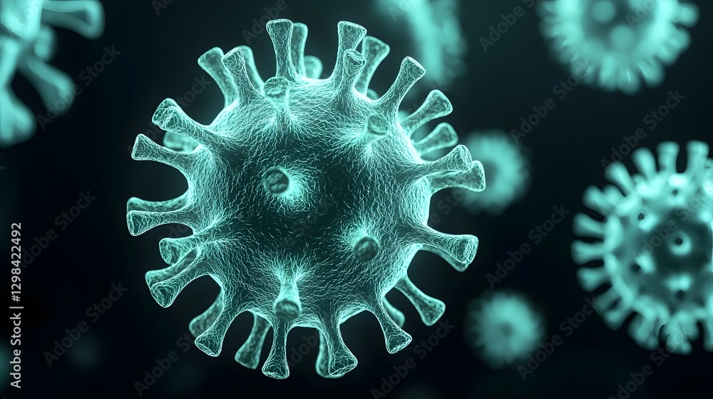 Leinwandbilder Glowing Microscopic Visualization of Green Virus Particles with Spiky Surface Proteins Floating in a Biological Fluid  The semi translucent virus cells have a depth effect with soft diffused lighting