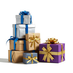A diverse collection of gift boxes wrapped in various colors and adorned with ribbons, displayed with a transparent, white background, png format
