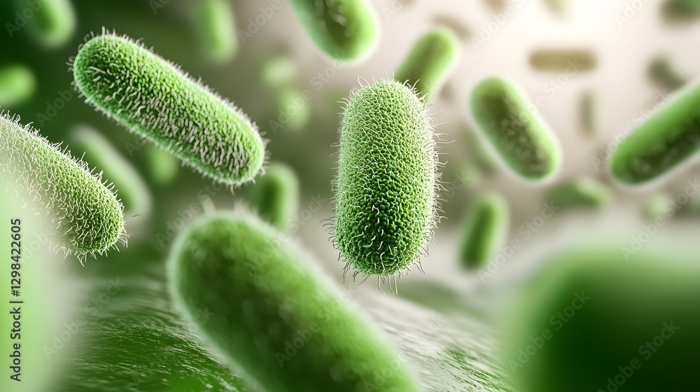 Poster Mesmerizing 3D visualization showcasing the intricate structures and dynamic motion of elongated green bacterial cells suspended in a fluid environment