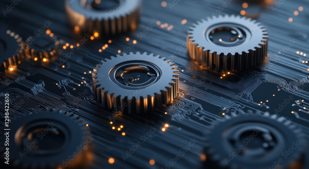 Poster Futuristic design showcases a network of interconnected gears, illuminated by warm lights, symbolizing efficiency and collaboration in mechanics