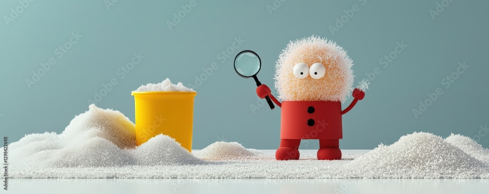 Poster science meteorology experiment concept. fluffy toy character with a racket beside a yellow bucket on