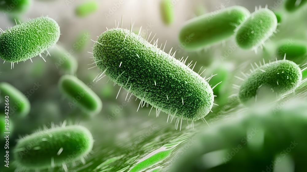Poster scientific showcasing the intricate details and structural complexity of green bacterial cells suspe