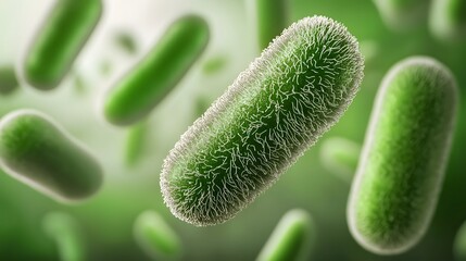 3D visualization of green bacteria cells in motion showcasing their elongated structures with fine hair like pili suspended in a fluid environment  The bacterial cells have a semi translucent glow