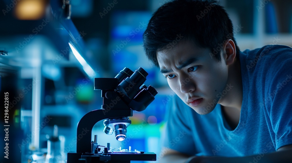 Poster focused scientist using microscope in lab at night