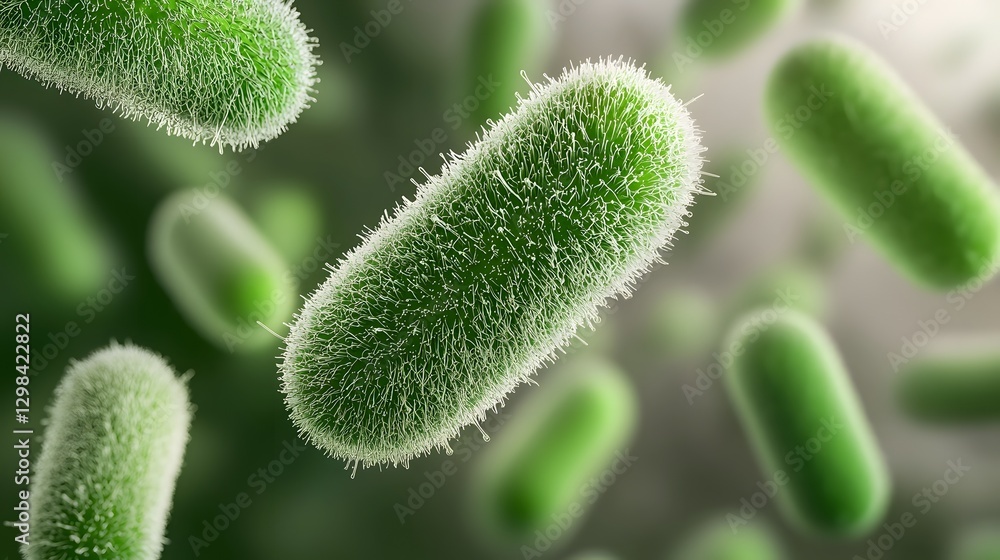 Aufkleber Highly detailed 3D macro photograph showcasing the intricate structure and dynamic movement of luminescent green rod shaped bacteria floating within a fluid environment