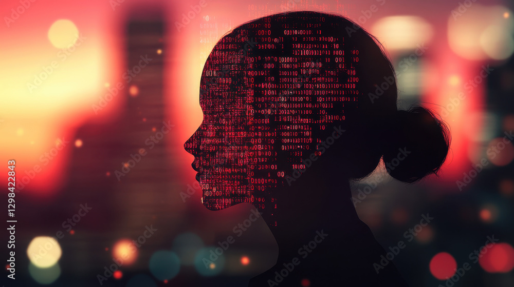 Poster silhouette of a person is layered with binary code against a colorful sunset backdrop, illustrating 