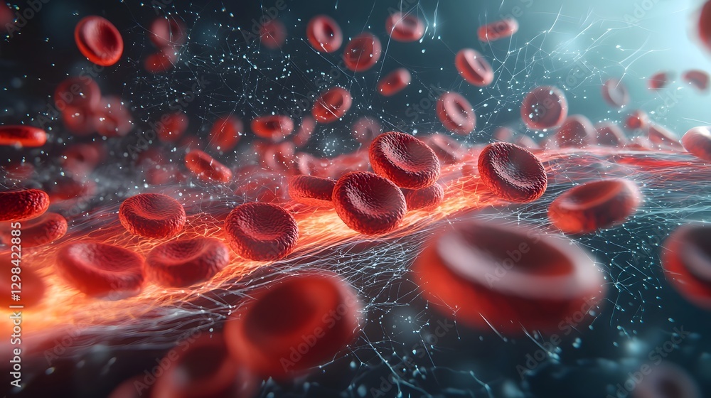 Fototapete 3D visualization of smooth biconcave red blood cells flowing through a blood vessel with soft diffused lighting creating a depth of field effect