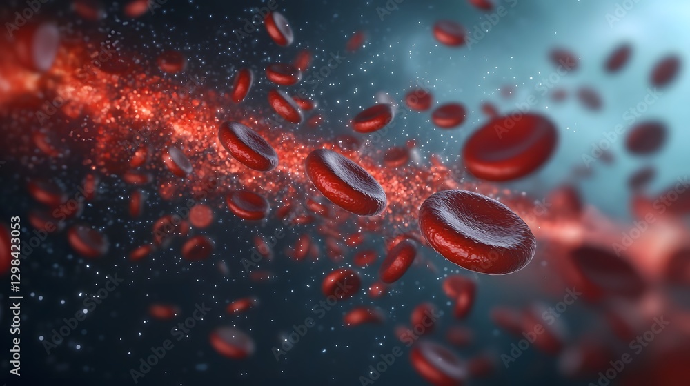 Poster visualization of red blood cells gliding through a microscopic circulatory environment their curved surfaces reflecting soft ambient light  The motion of the cells creates a sense of depth