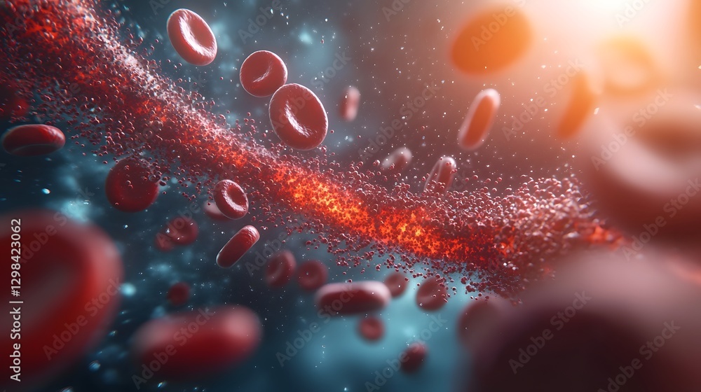 Poster visualization showcasing the dynamic motion and curved surfaces of red blood cells gliding through a microscopic circulatory environment