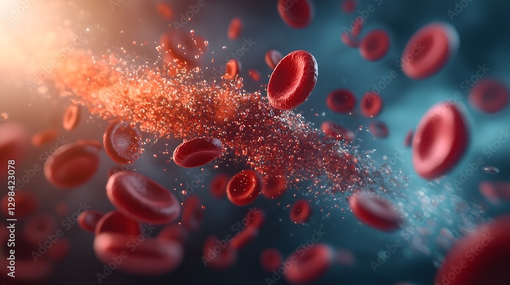 Aufkleber visualization of red blood cells gliding through a microscopic circulatory environment their curved surfaces reflecting soft ambient light  The motion of the cells creates a sense of depth