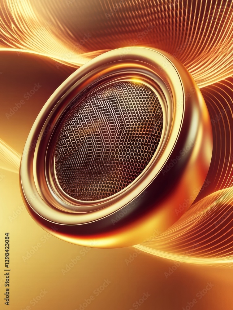Aufkleber 3D speakers with light waves create dynamic soundscapes in vibrant gold tones and visual effects at a modern venue. Generative AI
