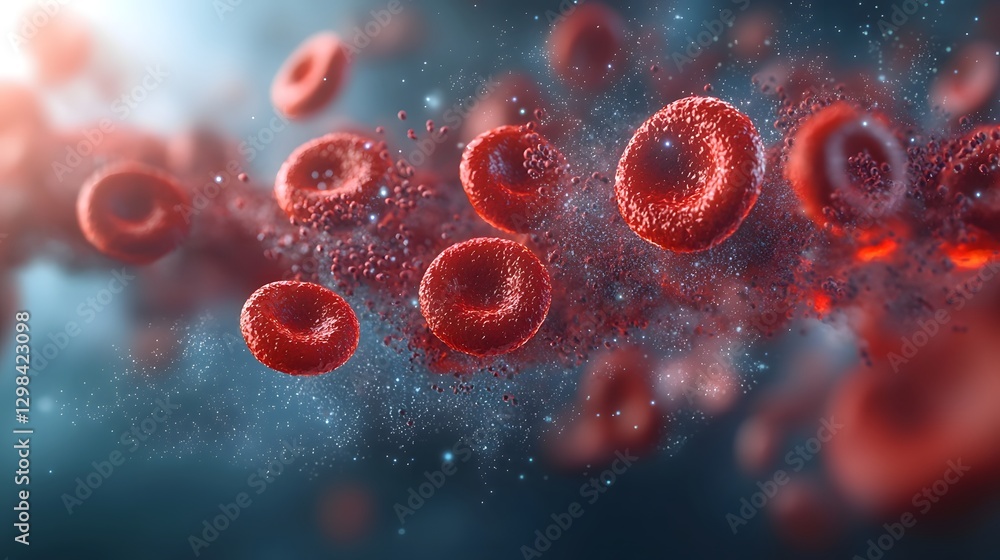 Aufkleber visualization of red blood cells gliding through a microscopic circulatory environment their curved surfaces reflecting soft ambient light  The motion of the cells creates a sense of depth