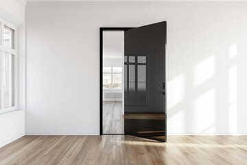 Modern minimalist living room with a sleek black frameless glass door, natural light streaming in, white walls, and wooden flooring.