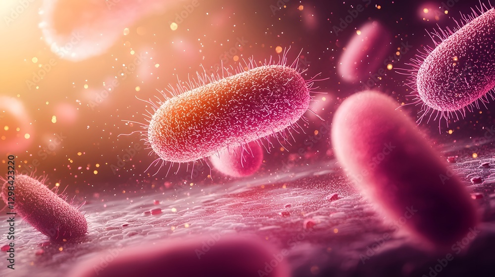 Aufkleber Mesmerizing 3D Visualization of Vibrant Pink Bacteria Floating in a Surreal Colorful Environment  The bacterial cells have a soft glowing texture with intricate surface details
