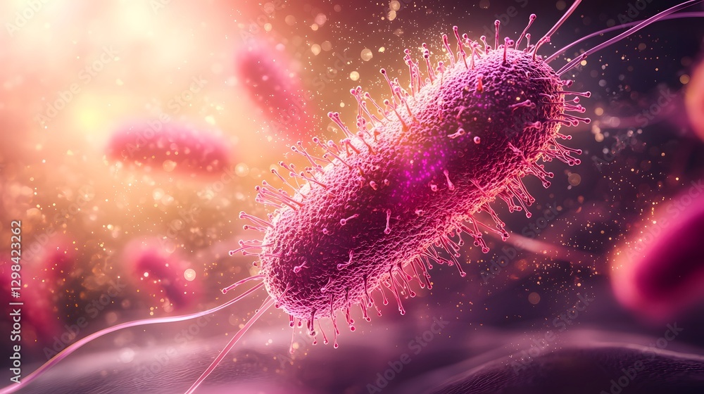 Poster captivating and mesmerizing depiction of microscopic pink bacteria suspended in a dreamlike multicol