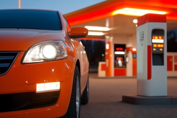 Fototapeta premium Bright orange car at a gas station during twilight, fueling up for a night drive through the city