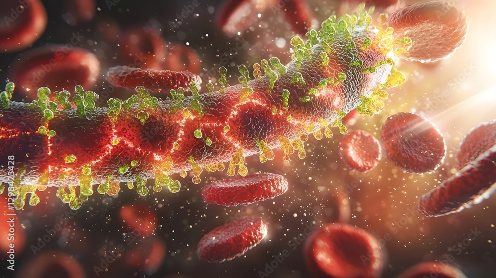 Poster Highly detailed and visually striking 3D rendering showcasing the intricate structures and organic shapes of colorful bacteria surrounded by a fluid medium of red blood cells