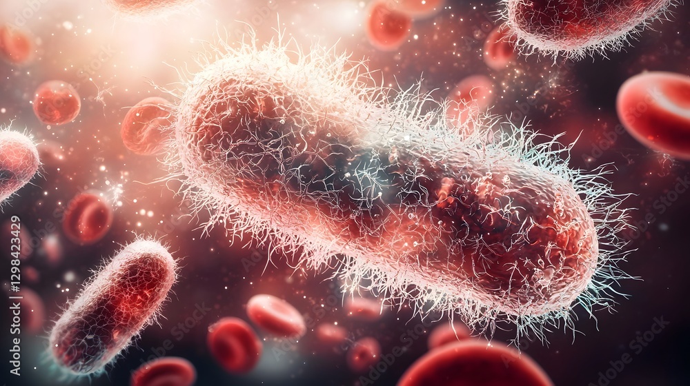 Poster Highly detailed 3D rendering showcasing the intricate and captivating structures of colorful bacteria surrounded by a fluid medium of red blood cells