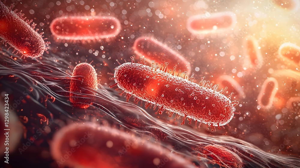 Poster Macro Visualization of Diverse Bacteria in Bold Colors Suspended Among Flowing Red Cells in a Translucent Biological Medium with Intricate Textures and Soft Ambient Lighting