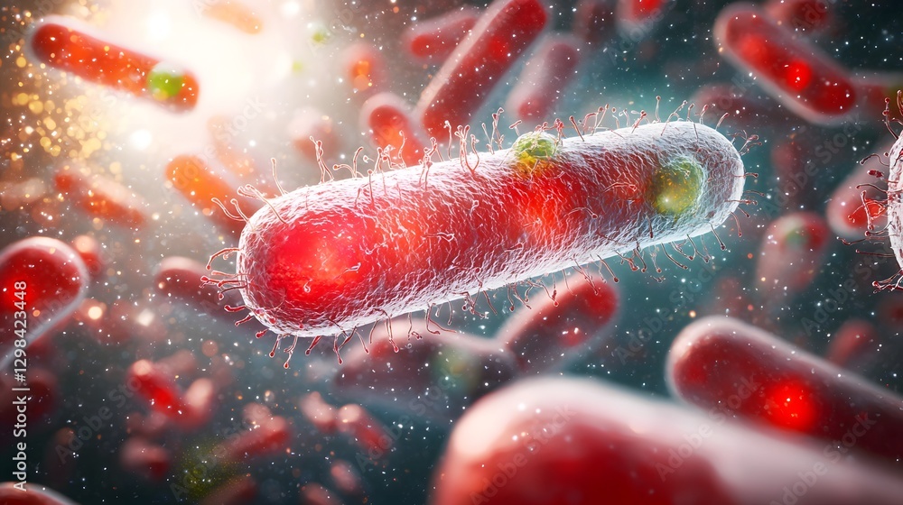 Aufkleber Bold and Vibrant 3D Macro Visualization of Diverse Bacteria Suspended in a Translucent Biological Medium with Intricate Textures and Soft Ambient Lighting Creating a Sense of Realism and Depth