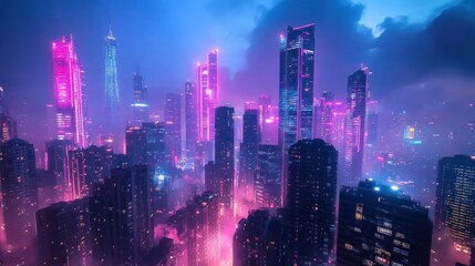 Fototapeta premium Cyberpunk Cityscape: A Futuristic Metropolis at Night
