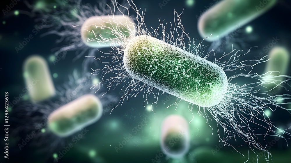 Aufkleber Captivating closeup rendering of bacteria swimming through a green liquid environment with intricate cellular textures and a glowing bioluminescent effect