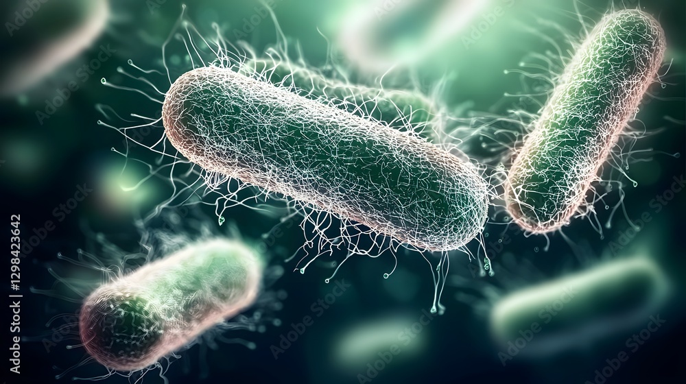 Aufkleber 3D macro visualization showcasing the elongated forms of bacteria interacting within a green fluid medium illuminated by soft