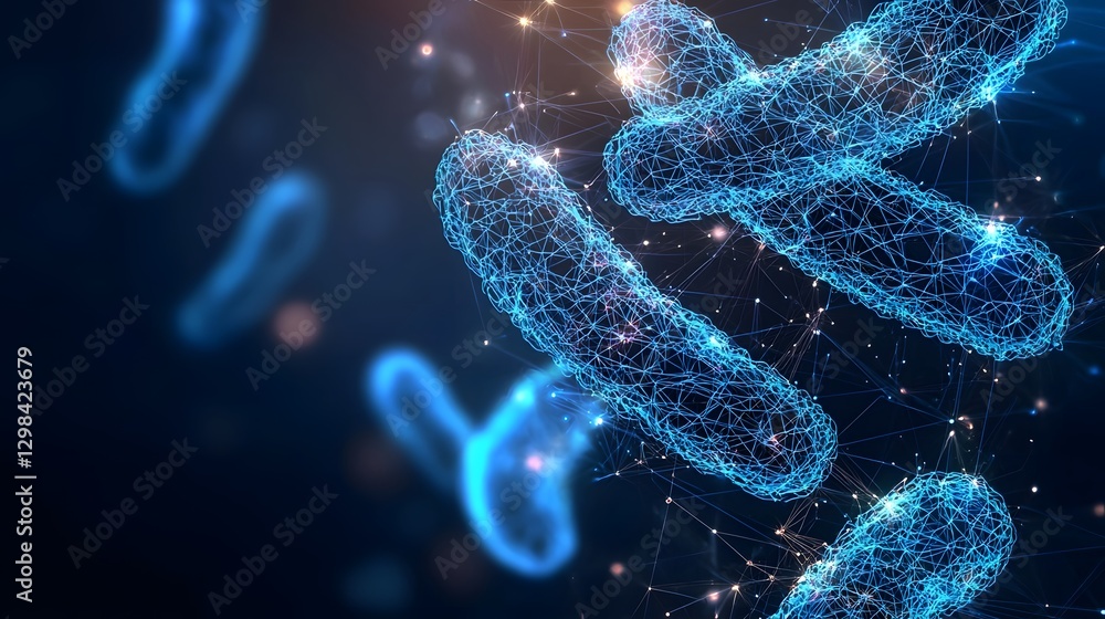 Poster Futuristic microscopic visualization of interconnected glowing bacteria in a low poly wireframe style