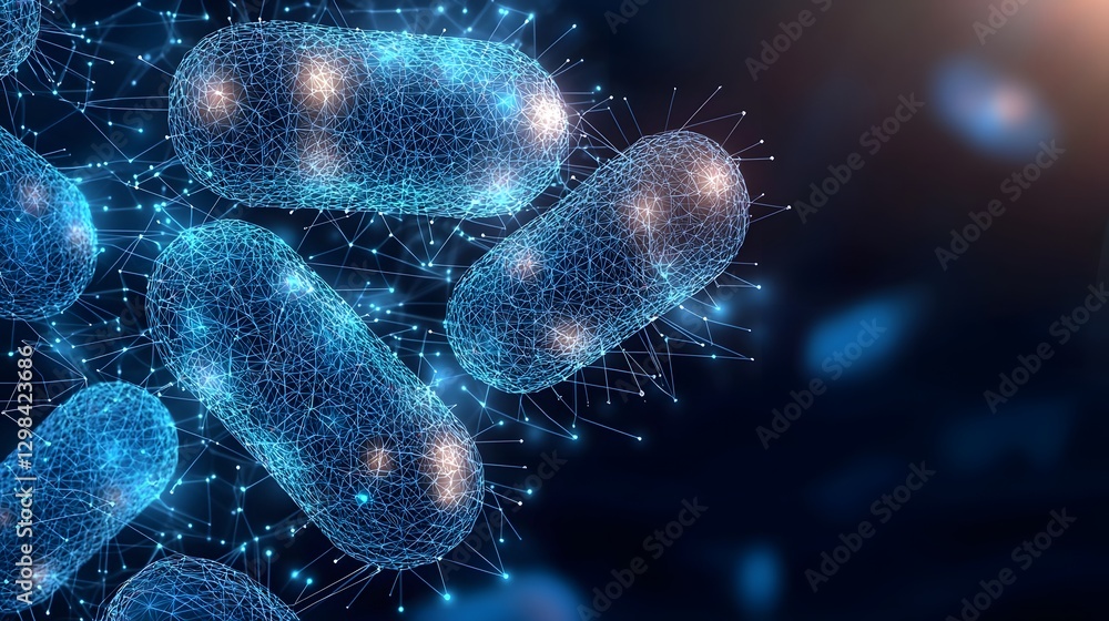 Poster Microscopic Futuristic Visualization of Bacteria in Low Poly Wireframe Style with Interconnected Glowing Dots  This 3D mesh art showcases a high tech scientific aesthetic set against a deep