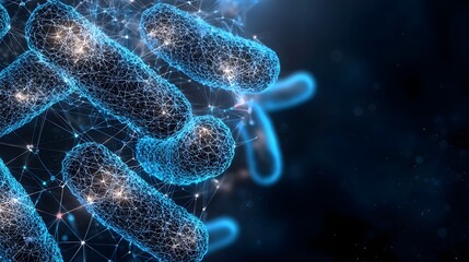 Microscopic Futuristic Visualization of Bacteria in Low Poly Wireframe Style with Interconnected Glowing Dots Forming the Cellular Structures