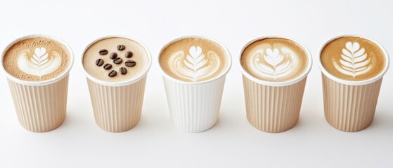 Five Paper Cups of Coffee with Latte Art
