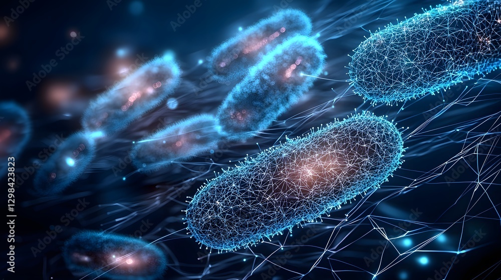 Fototapete Ultra detailed digital low poly representation of bacteria visualized as glowing polygonal mesh structures with interconnected nodes  The image conveys a high tech scientific theme