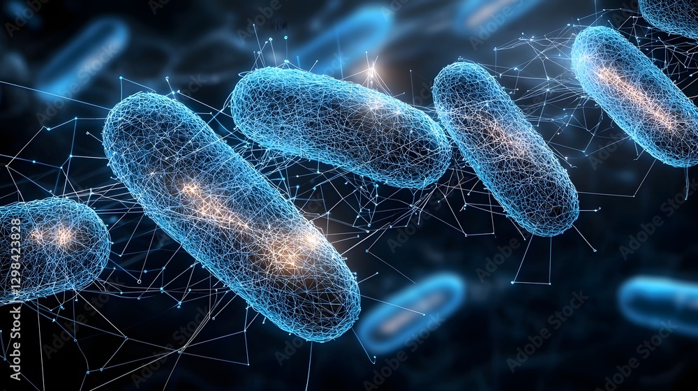 Aufkleber Futuristic 3D wireframe visualization of microbiological organisms constructed from fine interconnected geometric lines and glowing mesh patterns