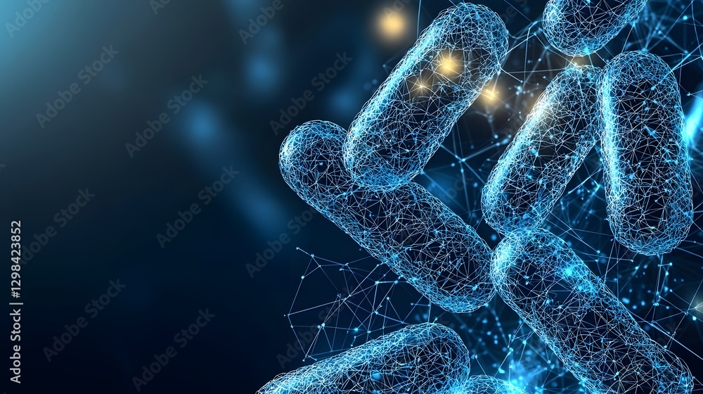 Poster Advanced polygonal wireframe depiction of microscopic bacteria with interconnected luminous dots and sleek low poly mesh detailing