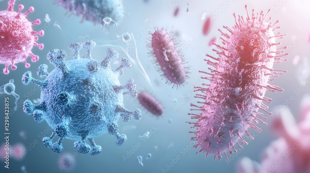Poster Diverse and intricate 3D visualization of microscopic bacteria and viruses showcasing their unique shapes sizes and structural details while floating in a fluid environment illuminated with soft