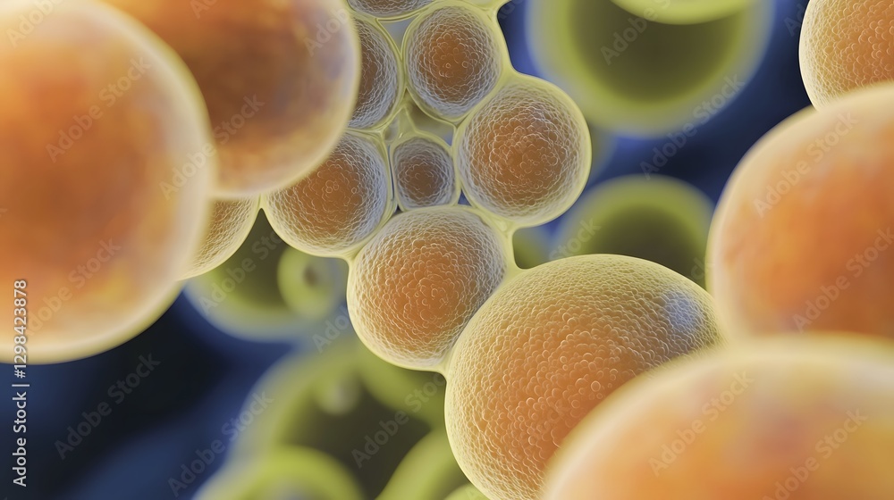 Poster 3D digital depicting the grape like spherical structure of Staphylococcus aureus bacteria floating in a fluid medium