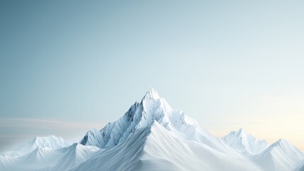 Majestic snow-covered mountain peak against clear blue sky at dawn, showcasing serene natural beauty and tranquility.
