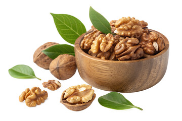 walnuts with leaves in wooden bowl isolated on transparent background png