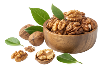 walnuts with leaves in wooden bowl isolated on transparent background png