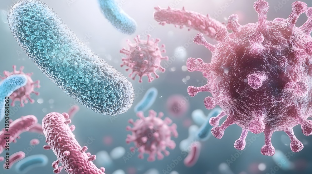 Aufkleber Vibrant 3D microscopic rendering depicting a dynamic ecosystem inhabited by a diverse array of bacteria viruses and other microorganisms