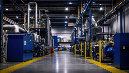 Fototapeta premium Large gas production plant featuring industrial machinery and pipelines operating efficiently in a controlled environment