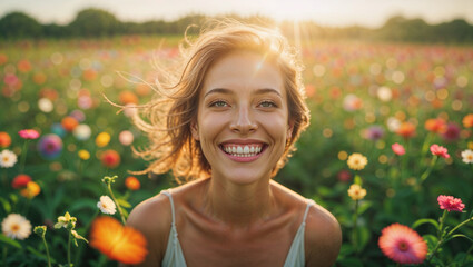 Bellissima ragazza che esprime gioia e felicità in un prato pieno di fiori colorati 