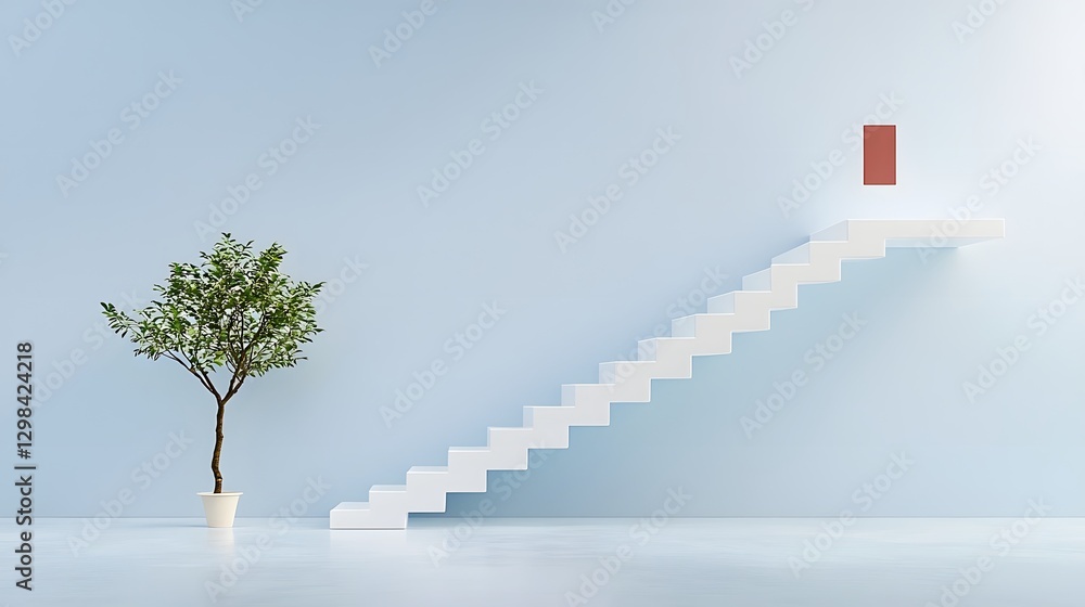 Poster minimalist abstract image featuring a smooth white staircase leading upwards with a single bold red 