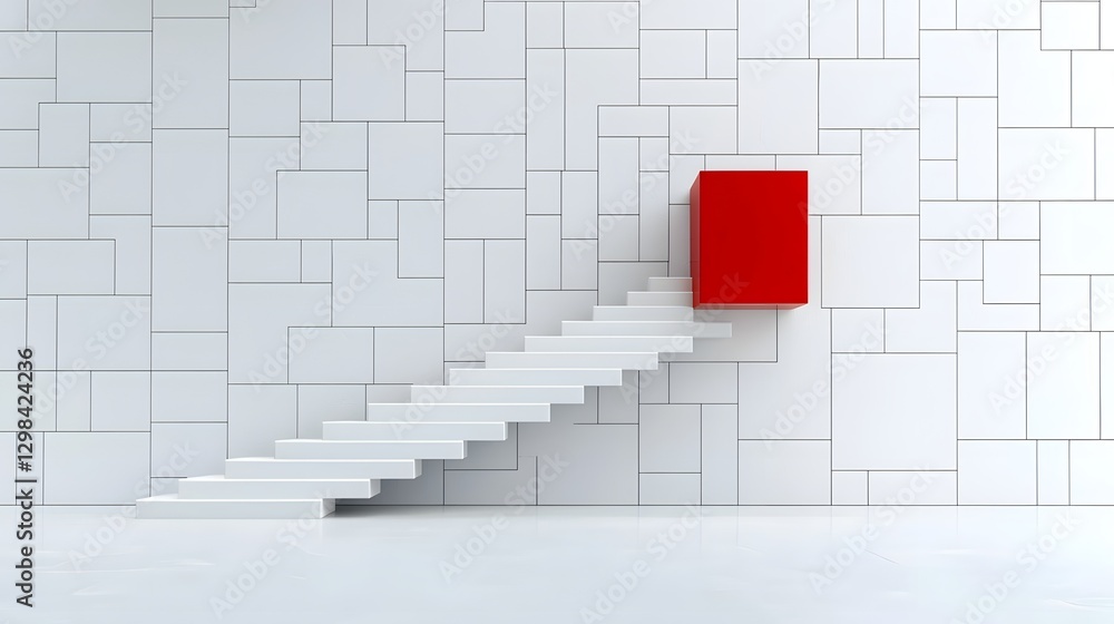 Poster Dynamic 3D Business Concept Image Featuring White Stairs Representing Steady Growth and Progression While a Standout Red Step Symbolizes Innovation Bold New Opportunities and Breakthrough Potential