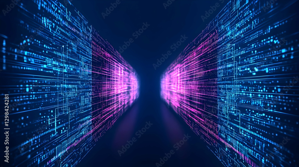 Aufkleber abstract digital tunnel with blue and pink data lines and geometric patterns