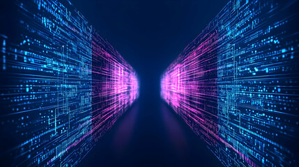 Abstract Digital Tunnel with Blue and Pink Data Lines and Geometric Patterns