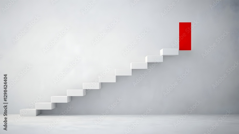 Poster Futuristic Staircase of Success A Minimalist Abstract Representation of Progress Strategic Change and Advancement Towards New Goals with a Symbolic Red Step