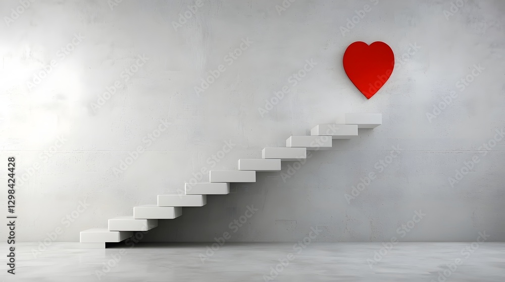Poster Elegant conceptual image of a white staircase ascending to the future with a bold red step standing out as a metaphor for determination focus and upward movement